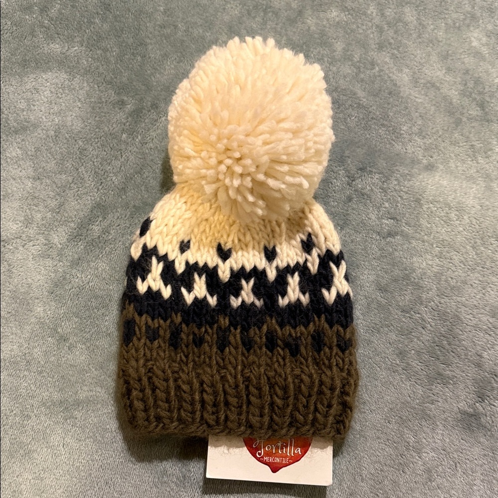 Kids Pom-Pom Knit Beanie in Cream, Navy & Brown, size X Small